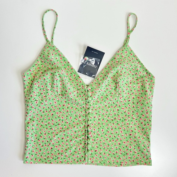 NWT Forever 21 Sage Green & Pink Floral Button Embellished Corset Crop Top - Picture 1 of 12